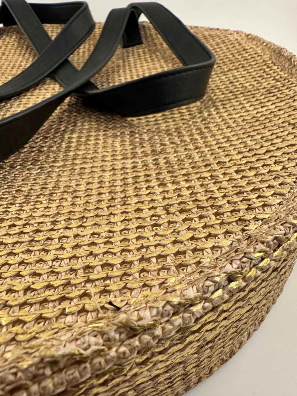 Express Gold Metallic Woven Straw Round Bag Black Tassel